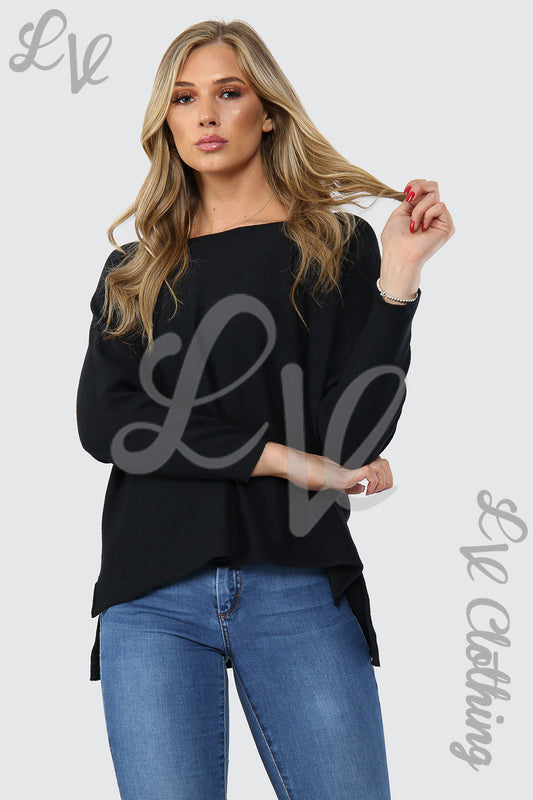 Black hi-lo fine knit jumper top with long sleeves and curved side split hem