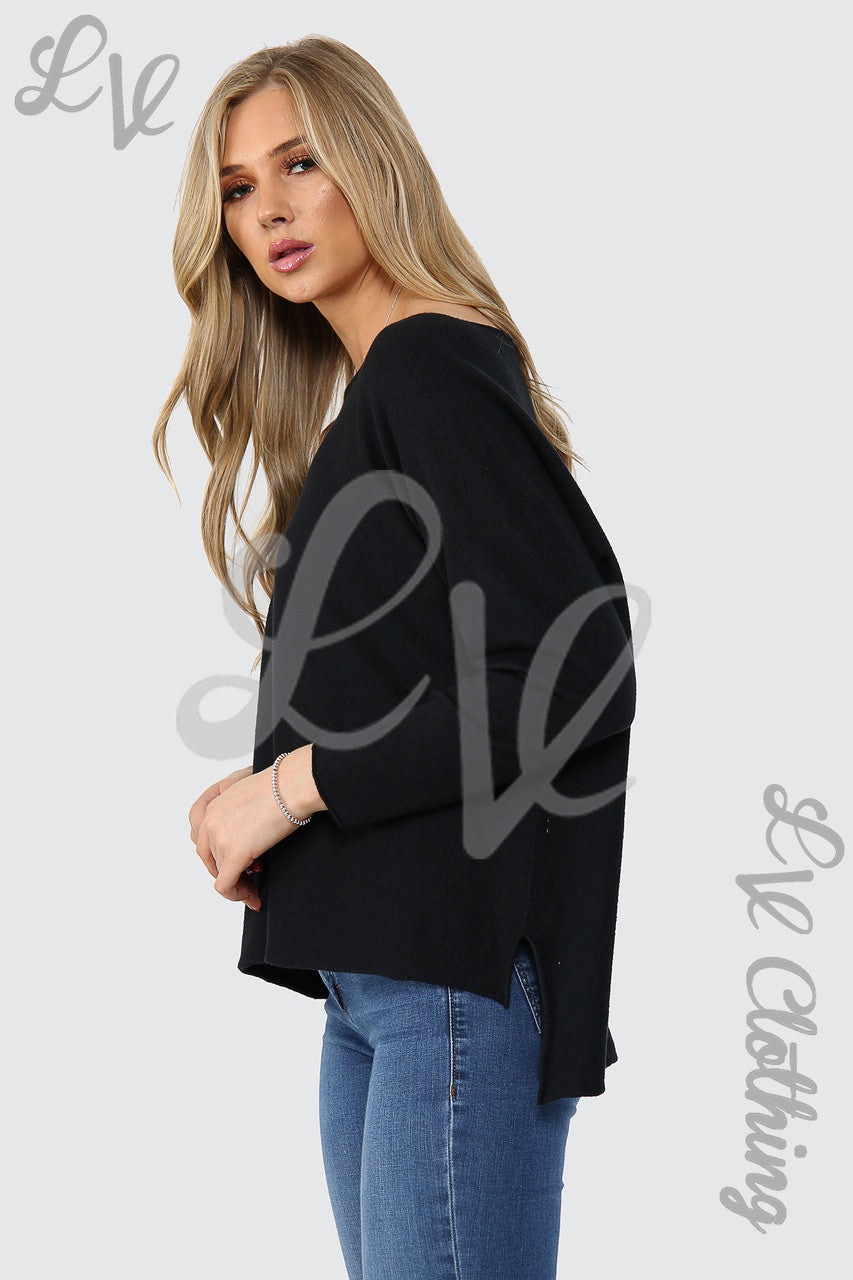 Dames Hi Lo Fijn Gebreide Trui Top Zwart - Stukprijs € 14,99