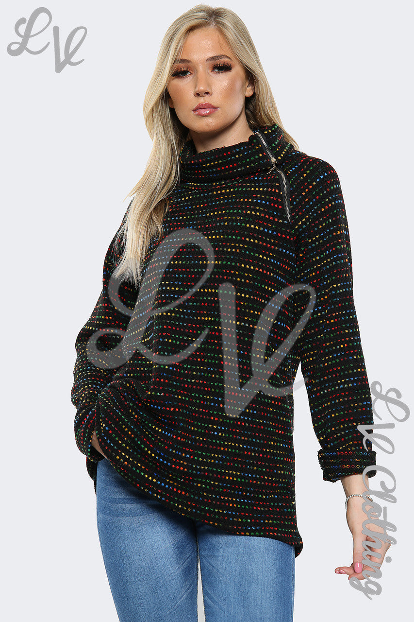 Ladies Cowl Neck Multi Colour Jumper Top Black - Unit Price £11.99