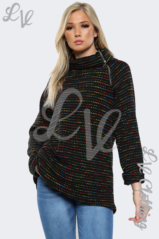 cowl neck jumper top, black with multicolour speckled pattern and long sleeves