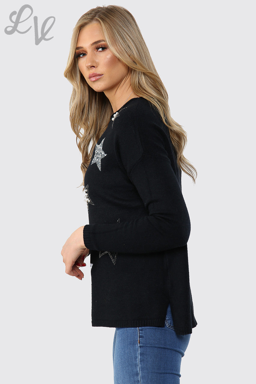 Ladies Sequin Star Detail Jumper Sweatshirt  Black Unit Price WAS £16.99 NOW £14.99