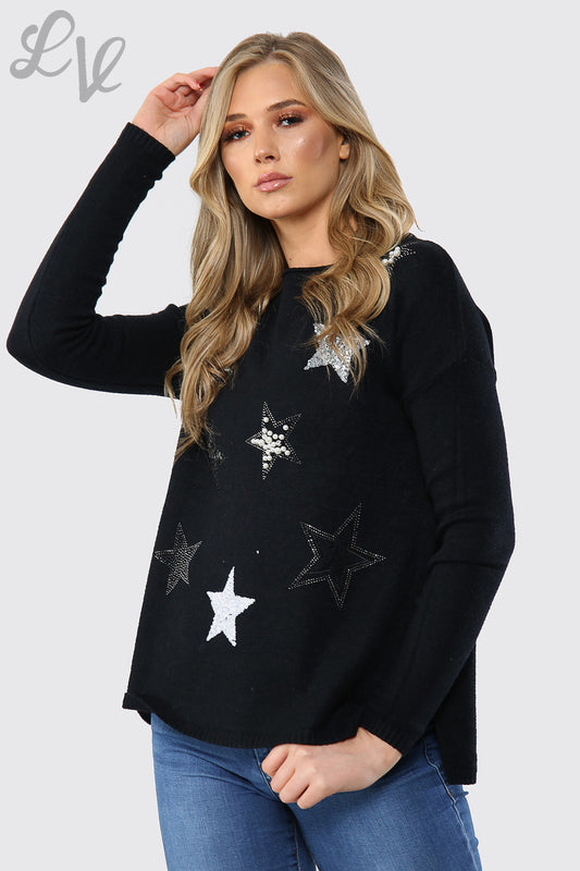 Ladies Sequin Star Detail Jumper Sweatshirt  Black Unit Price WAS £16.99 NOW £14.99
