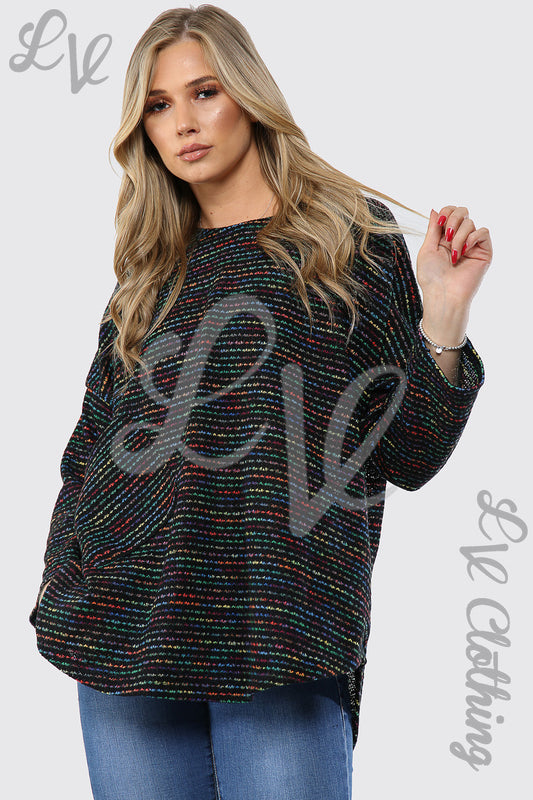 Multicoloured pocket-front knitted jumper in dark tones, long sleeves, round neck