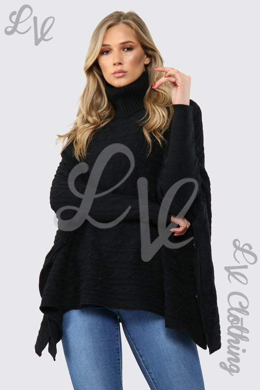 Black cowl-neck cable-knit batwing jumper with long sleeves and draped hem