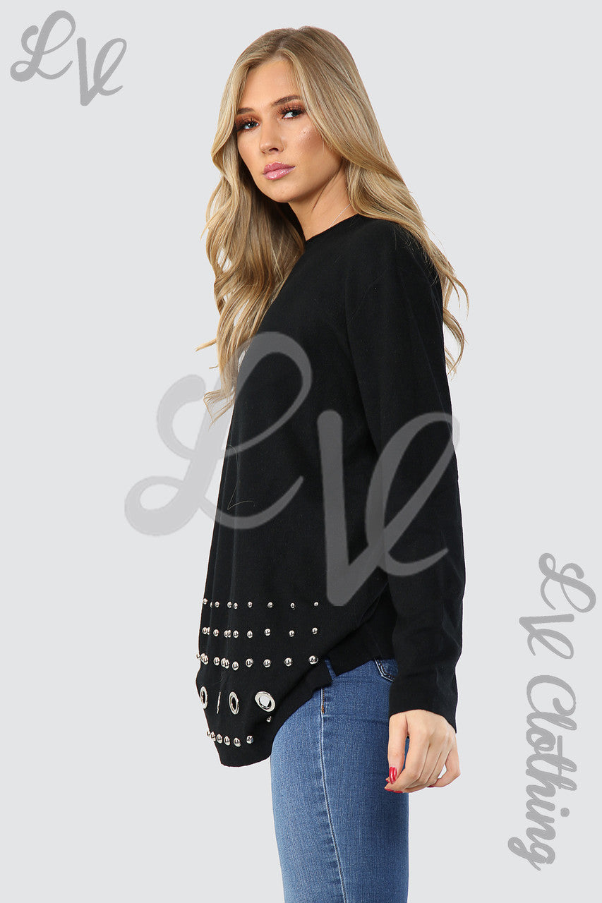 Dames Ronde Hals Trui met Studs Zwarte Stukprijs € 20,99