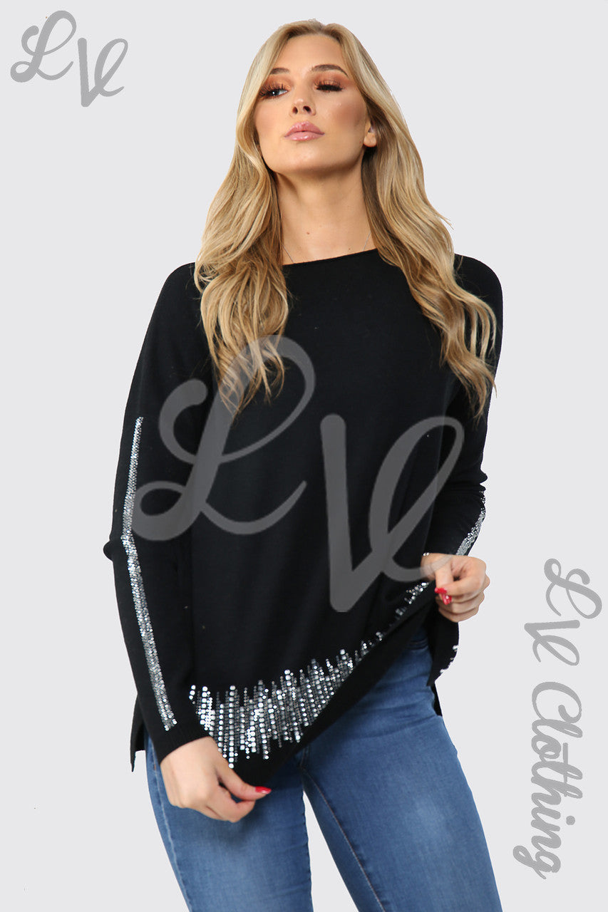 Dames trui met paillettenzoom en -mouwen zwart stukprijs €20,99
