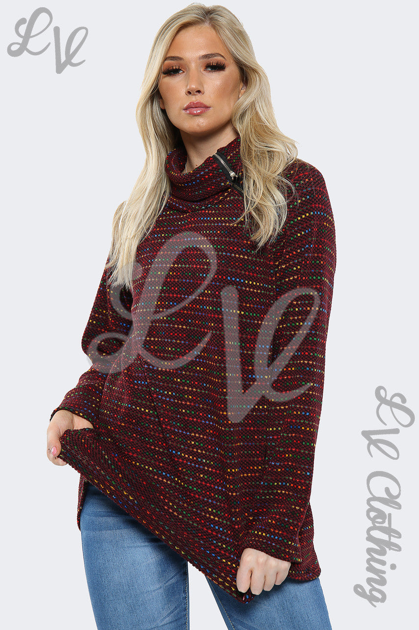 Ladies Cowl Neck Multi Colour Jumper Top Burgundy - Unit Price £11.99
