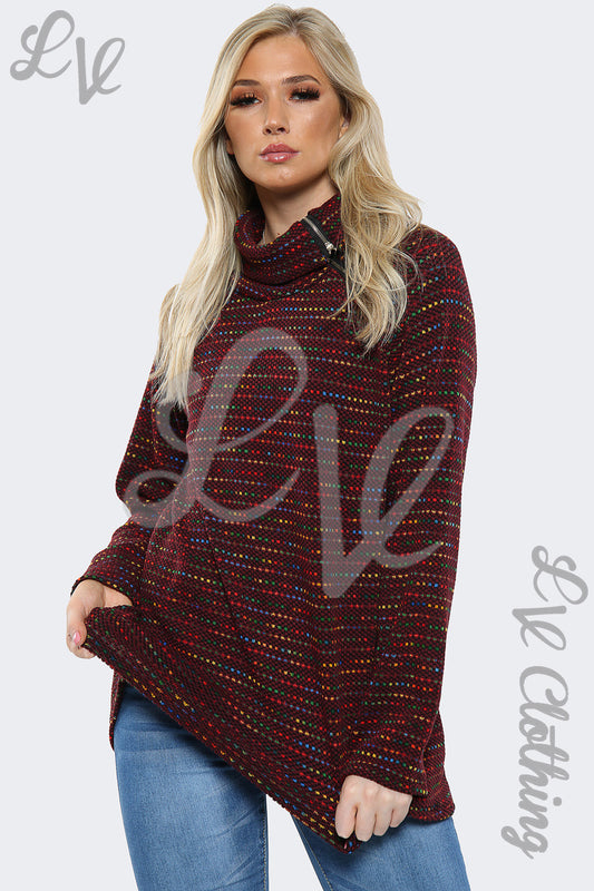 Burgundy cowl-neck jumper with multicolor speckle pattern, long sleeves and relaxed fit