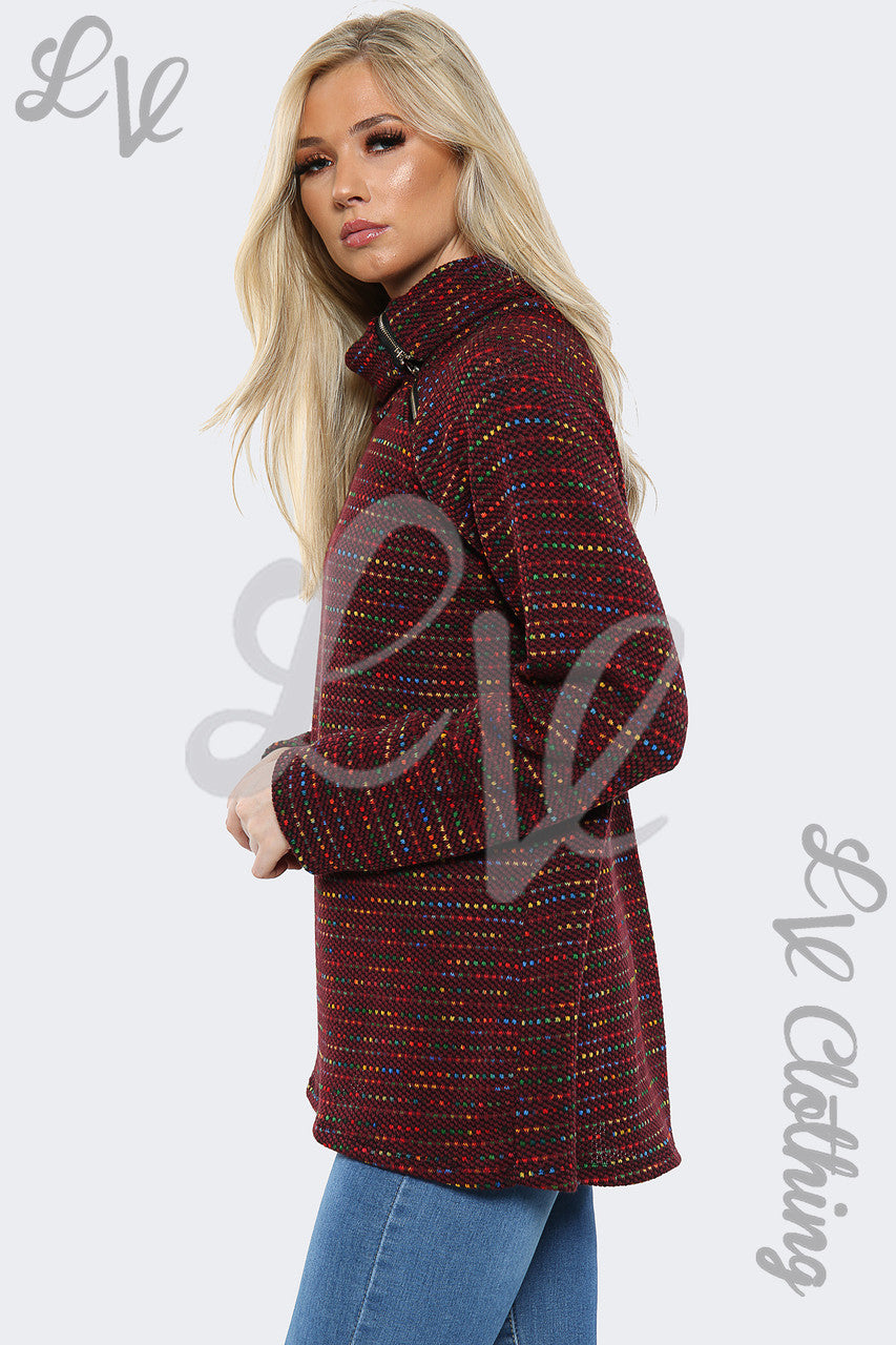 Ladies Cowl Neck Multi Colour Jumper Top Burgundy - Unit Price £11.99