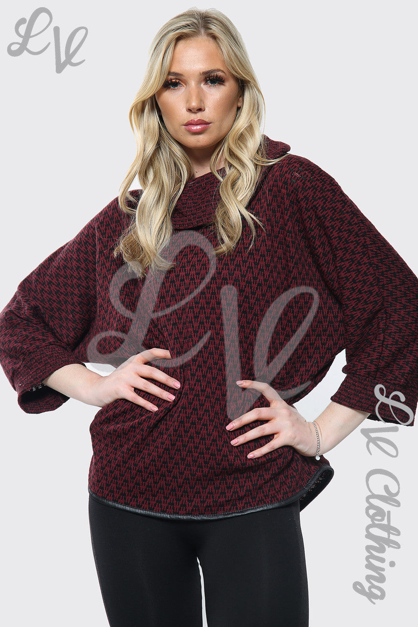 Dames trui met col en pied-de-pouleprint bordeauxrood per stuk € 10,99