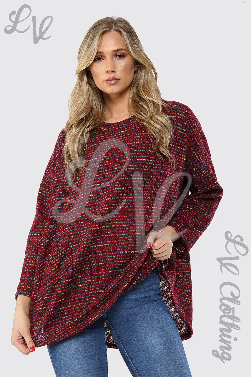 Ladies Multicoloured Pocket Front Knitted Jumper  Burgundy - Unit Price £12.99