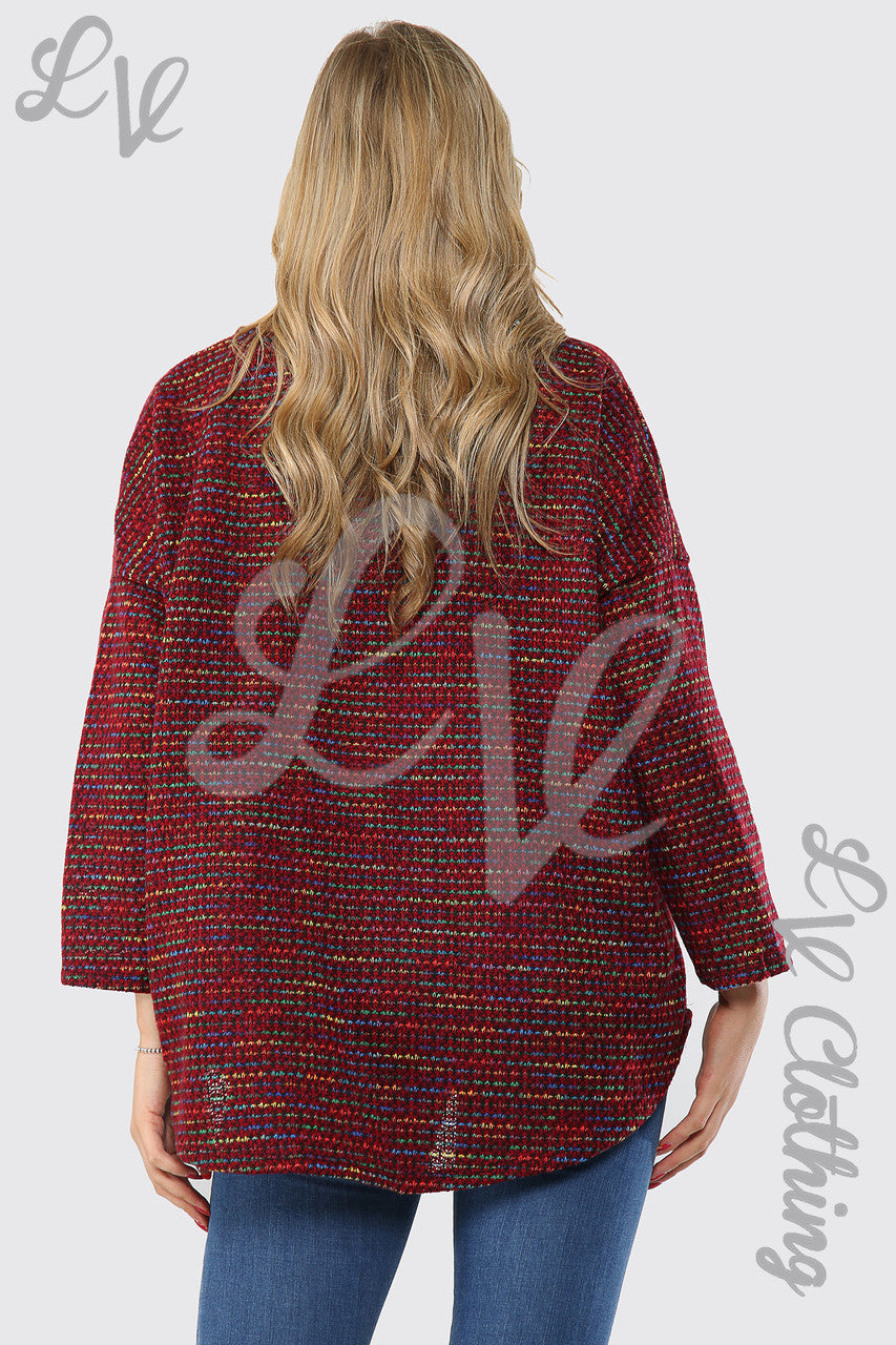 Ladies Multicoloured Pocket Front Knitted Jumper  Burgundy - Unit Price £12.99