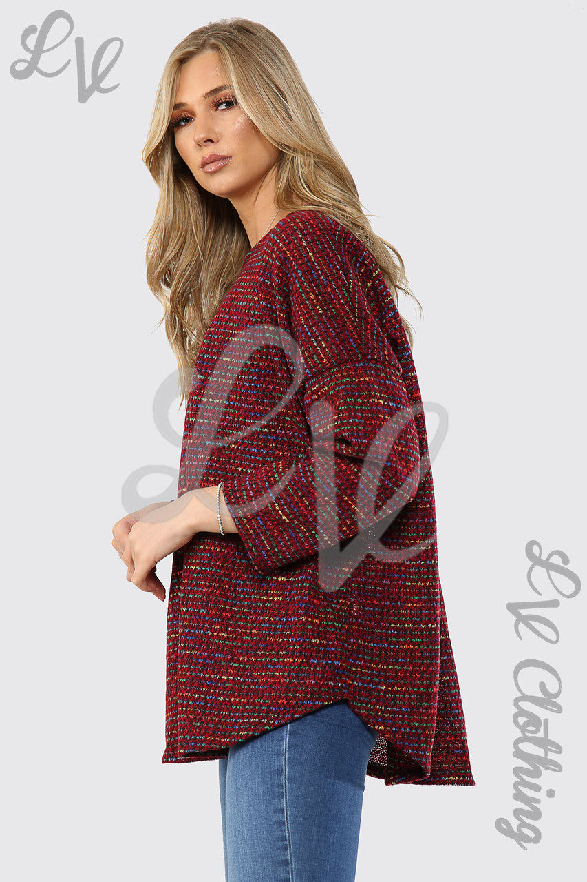 Ladies Multicoloured Pocket Front Knitted Jumper  Burgundy - Unit Price £12.99