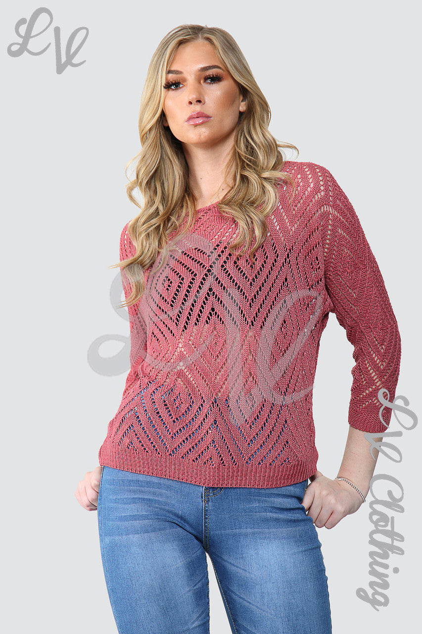 Dames Laser Diamond Cut Out Trui Top Cerise - Stukprijs € 10,99