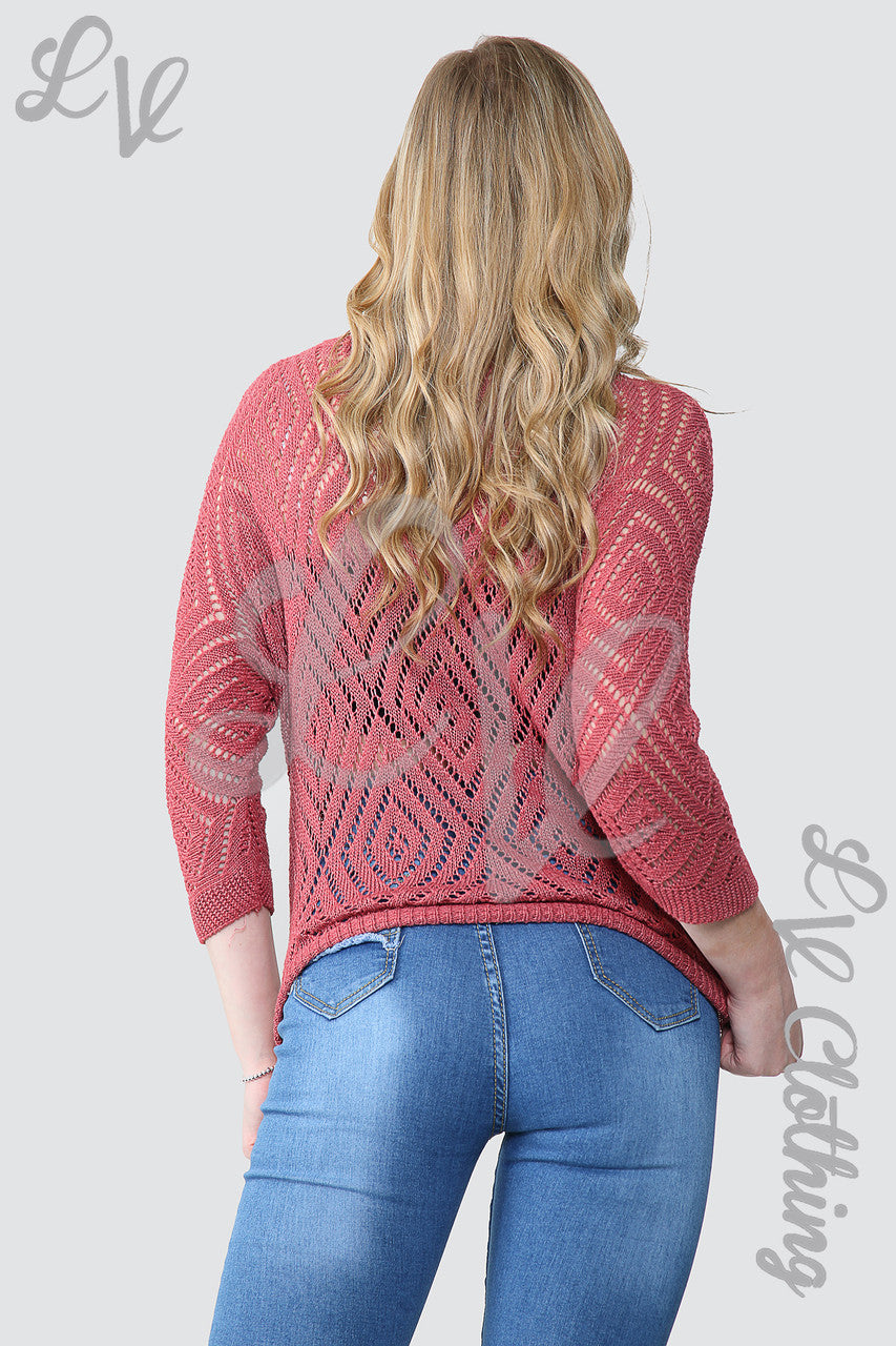 Dames Laser Diamond Cut Out Trui Top Cerise - Stukprijs € 10,99