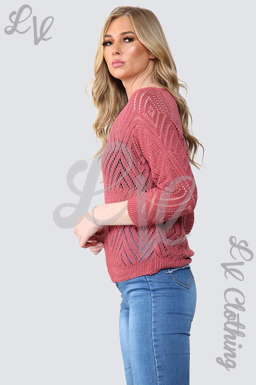 Dames Laser Diamond Cut Out Trui Top Cerise - Stukprijs € 10,99