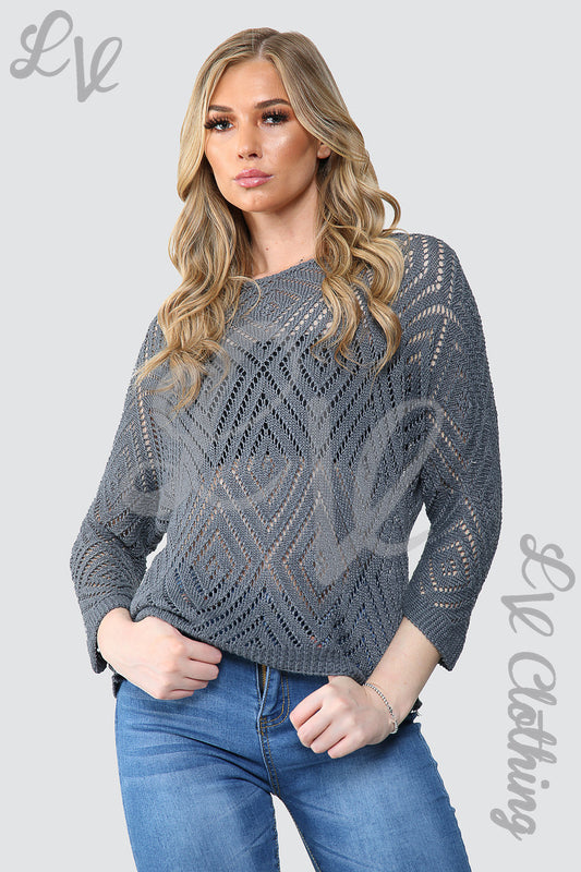 Charcoal diamond-cut out knit jumper top with wide neckline and 3/4 sleeves