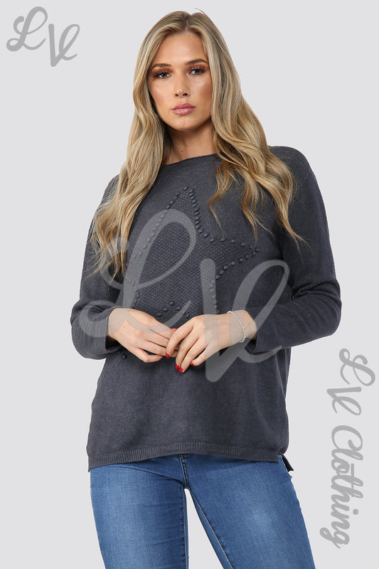 Ladies Star Imprint Jumper Top Charcoal - Unit Price £12.99