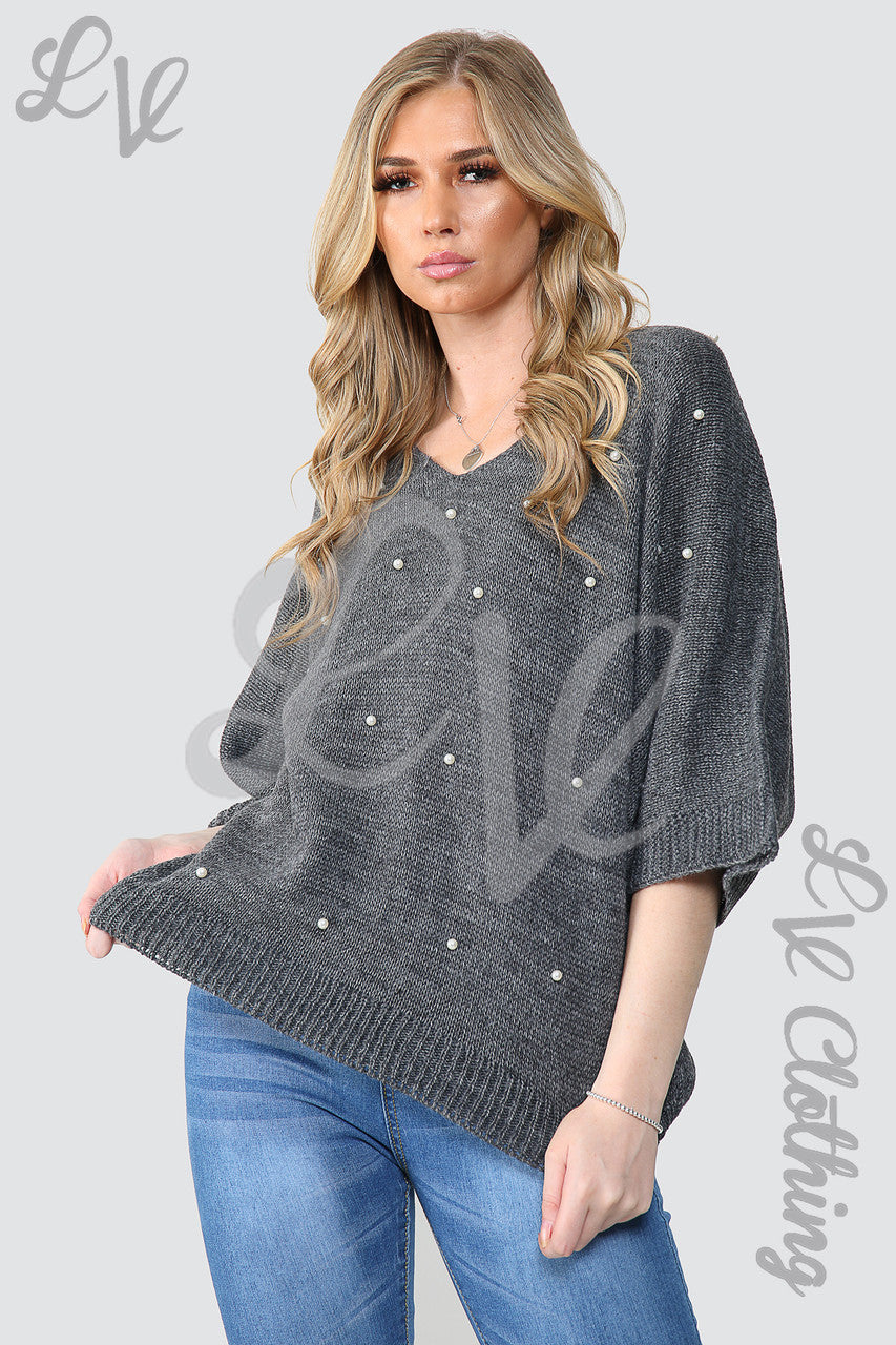 Dames Trui met Pareldetail Voorkant en Open Rug Houtskool - Stukprijs €10,99
