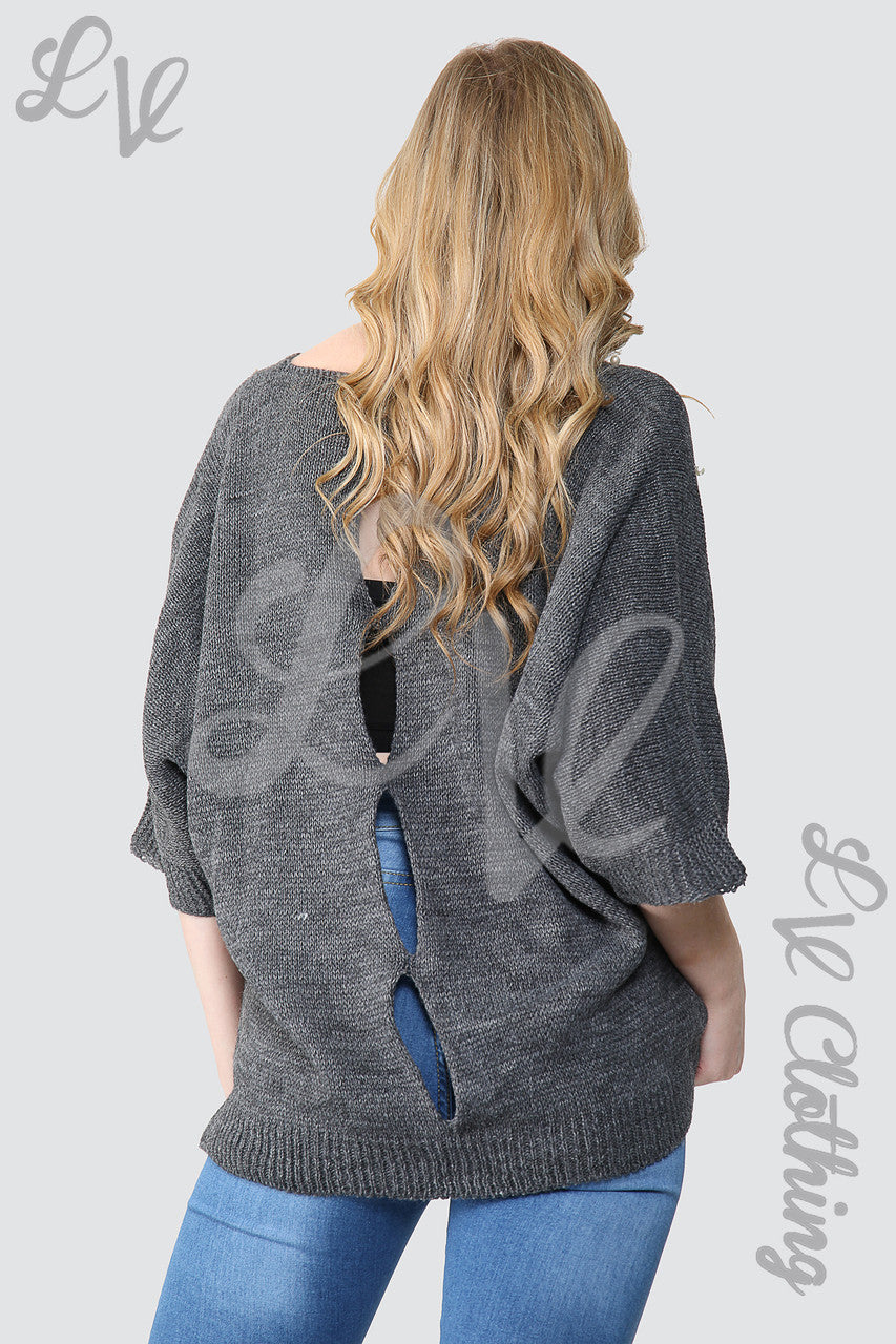 Dames Trui met Pareldetail Voorkant en Open Rug Houtskool - Stukprijs €10,99