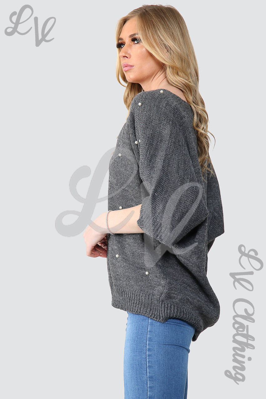 Dames Trui met Pareldetail Voorkant en Open Rug Houtskool - Stukprijs €10,99