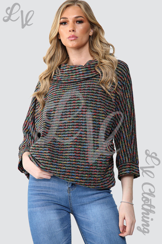 Ladies multicoloured cowl neck knitted jumper, charcoal with striped texture, long sleeves