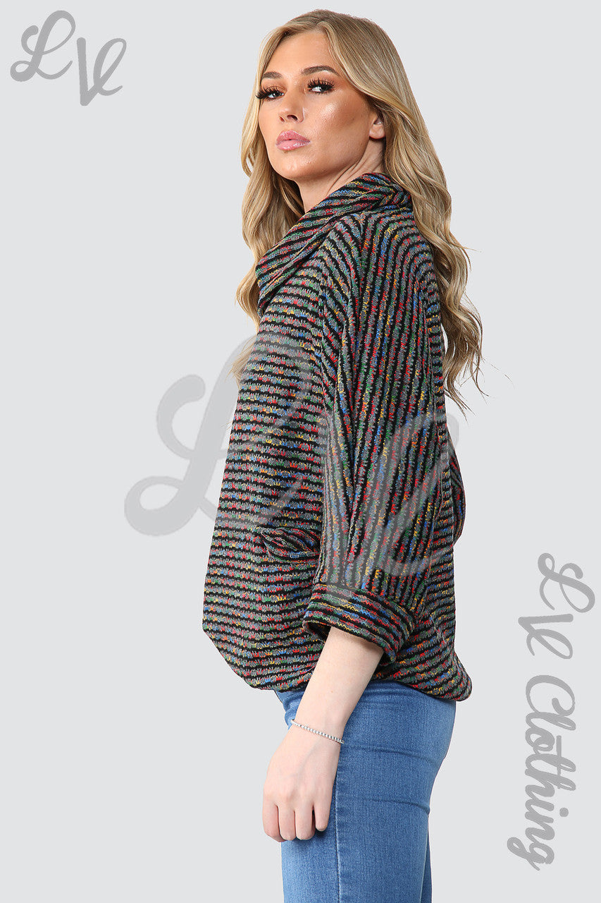 Dames veelkleurige gebreide trui met colkraag houtskool - Eenheidsprijs £ 11,99