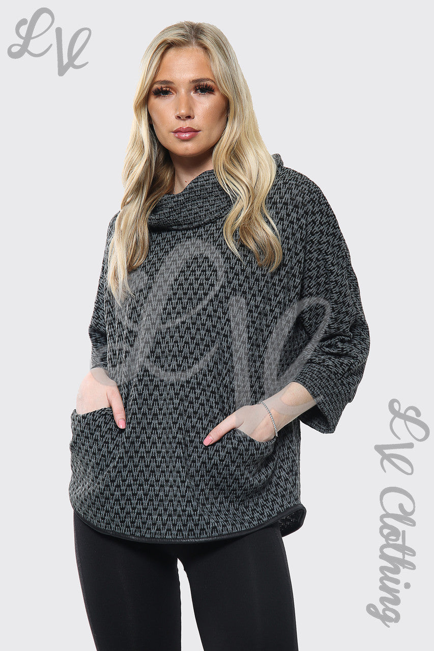 Ladies Cowl Neck Dogtooth Print Jumper Charcoal Unit Price £12.99
