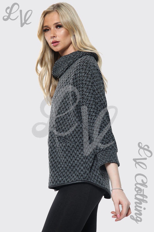 Cowl neck dogtooth print jumper in dark charcoal, long sleeves, relaxed fit.