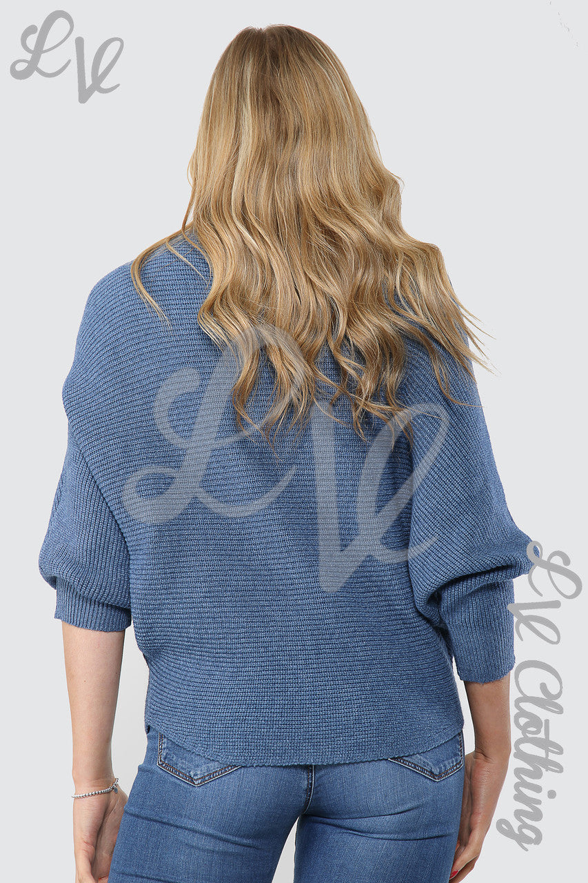 Dames gebreide trui met vleermuismouwen, denim per stuk £14,99