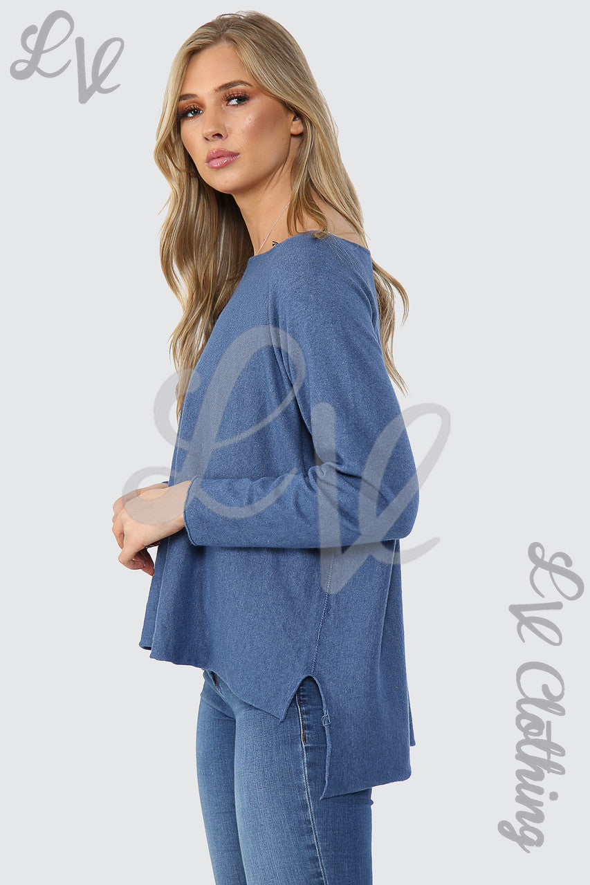 Ladies Hi Lo Fine Knitted Jumper Top Denim - Unit Price £15.99