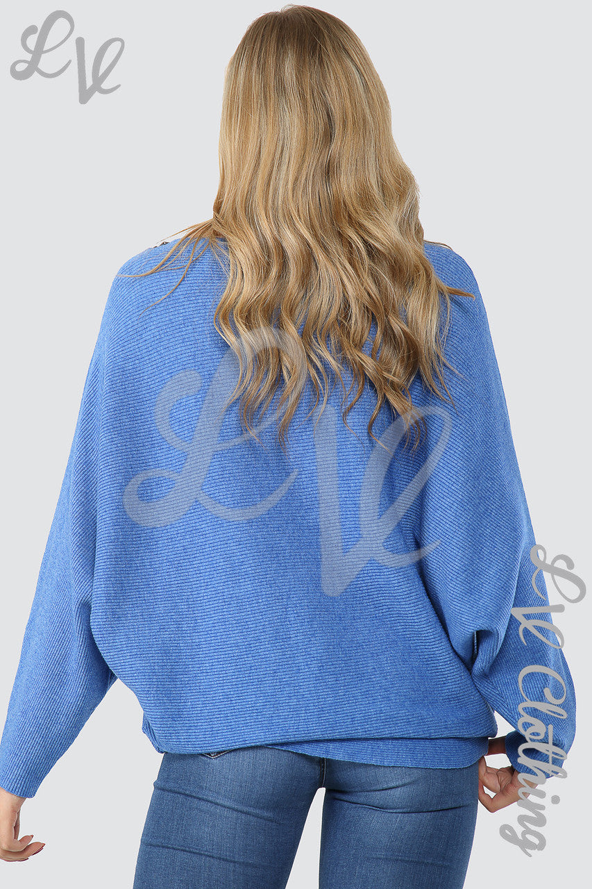 Ladies Ribbed Batwing Knitted Jumper Denim Unit Price £14.99