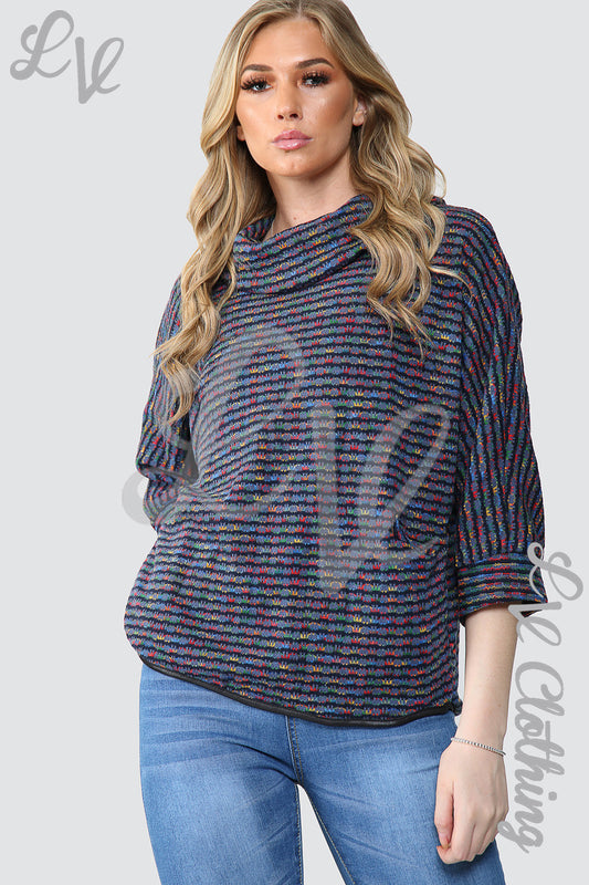 Multicoloured cowl neck knitted jumper, dark knit with red/blue flecks, long sleeves
