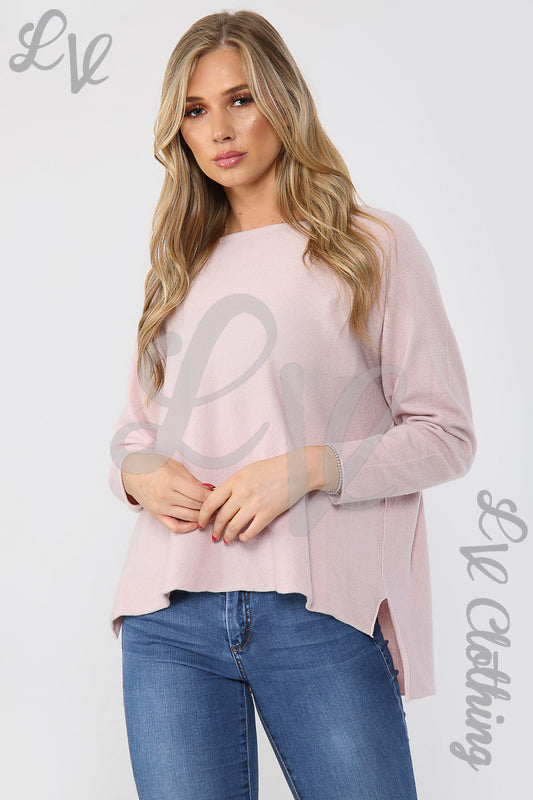 Dusty pink hi-lo fine knit jumper top, round neckline, long sleeves