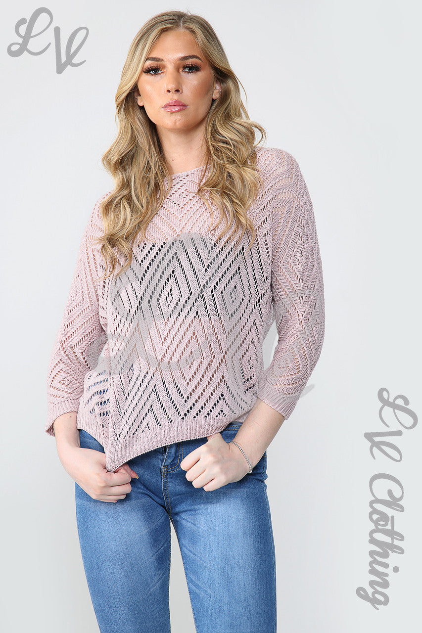 Dames Laser Uitgesneden Diamant Trui Top Stoffig Roze - Prijs per eenheid € 10,99