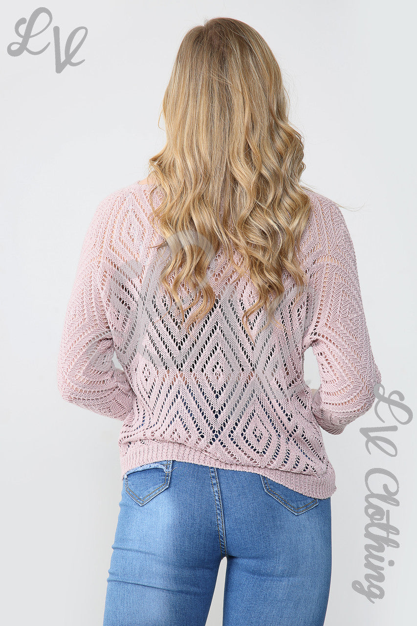 Dames Laser Uitgesneden Diamant Trui Top Stoffig Roze - Prijs per eenheid € 10,99