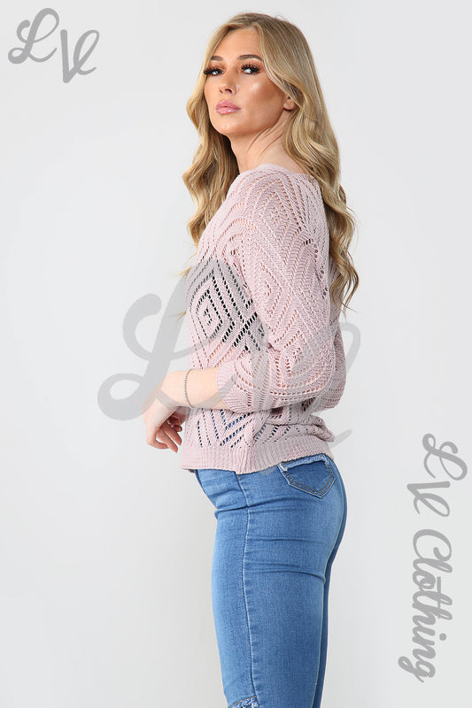 Dusty pink diamond-cut out knit jumper top, long sleeves and crew neckline
