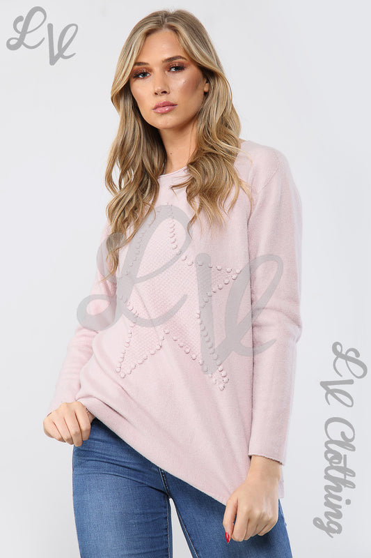 Dusty pink star-print jumper with long sleeves and crew neck