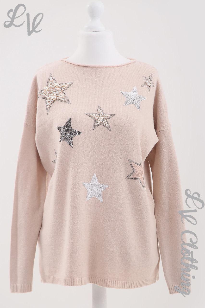Ladies Diamante Sequin Star Print Jumper Dusty Pink - Unit Price £16.99