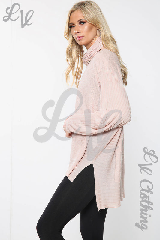 Dusty pink knit cowl-neck jumper with long sleeves, draped side view