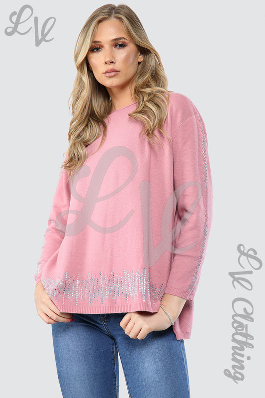 Dusty pink jumper with sequin-trim hem and sequin sleeve cuffs, crew neck