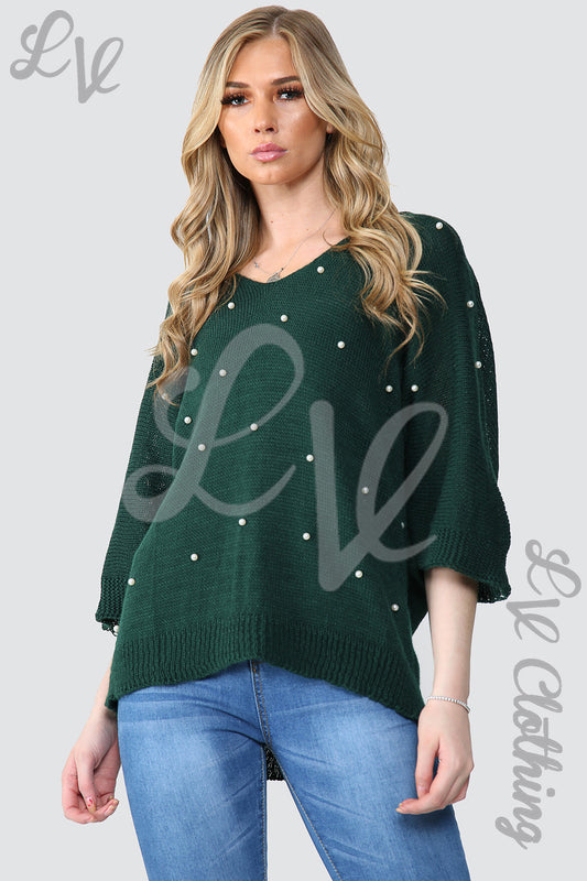 Green knit ladies jumper with pearl-front detail, wide scoop neckline, long sleeves
