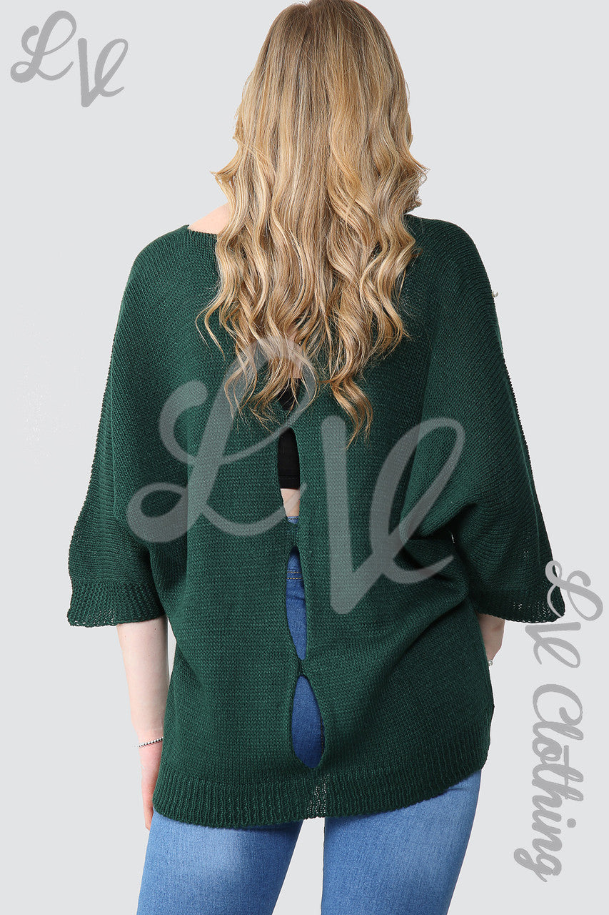 Ladies Pearl Detail Front With Cut Out Back Jumper Green - Unit Price £10.99