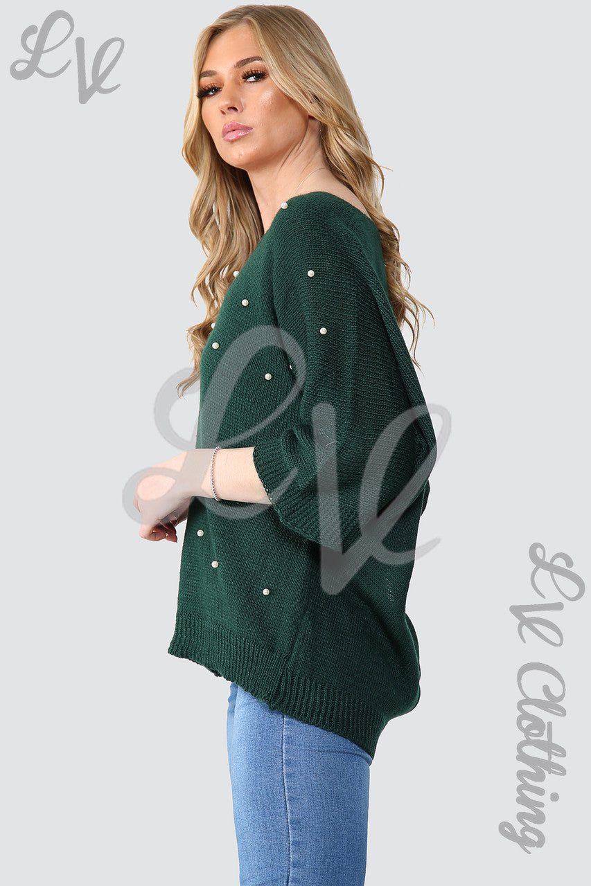 Ladies Pearl Detail Front With Cut Out Back Jumper Green - Unit Price £10.99