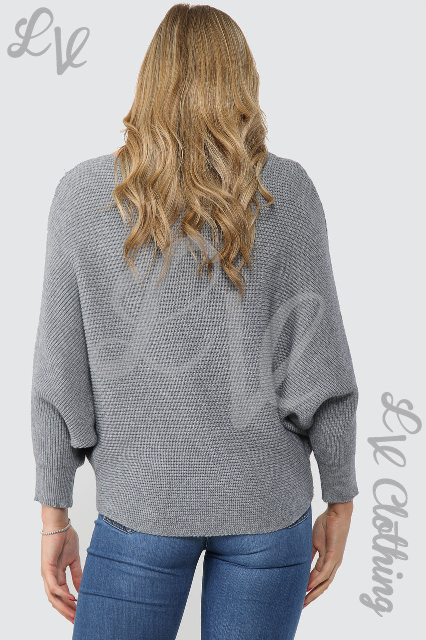 Dames gebreide trui met vleermuismouwen, grijs, prijs per eenheid € 14,99