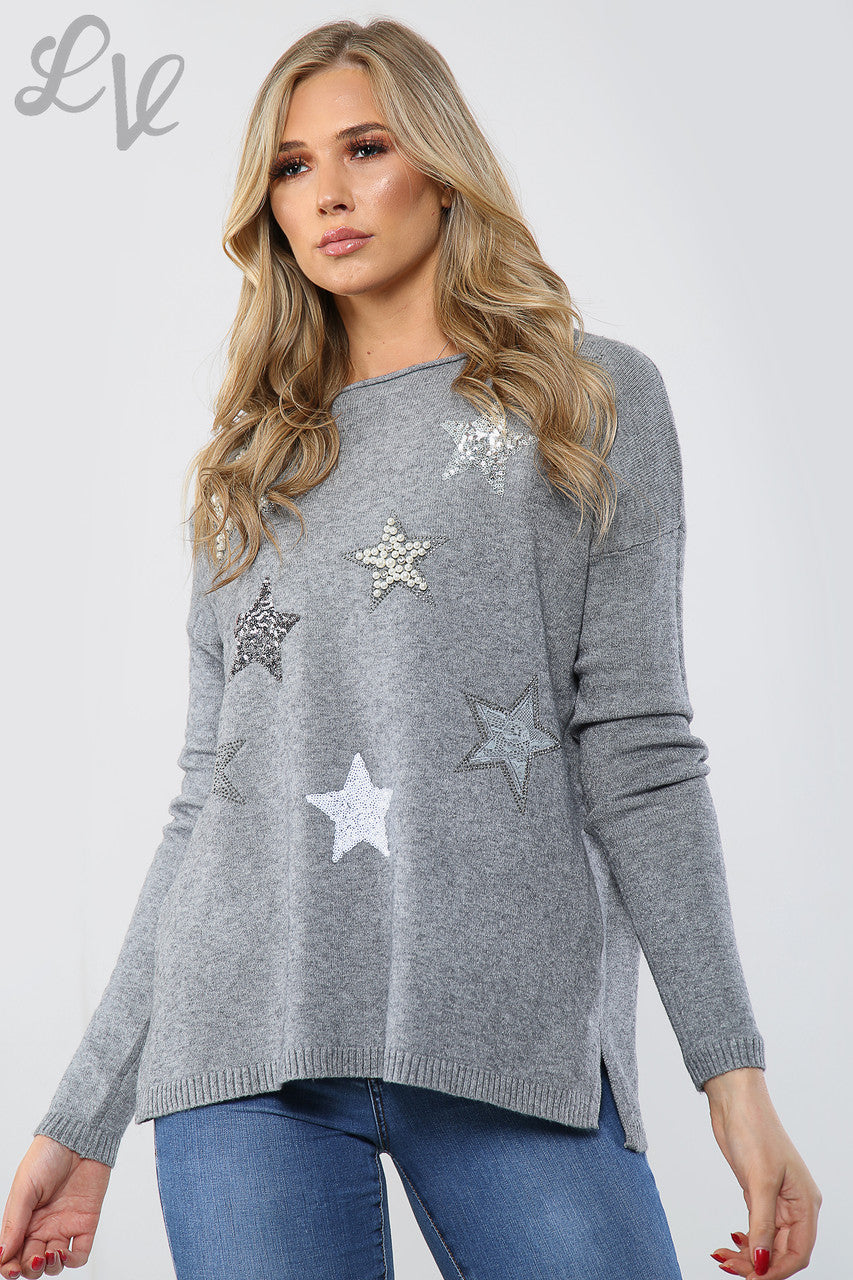 Ladies Sequin Star Detail Jumper Sweatshirt Grey Unit Price WAS £16.99 NOW £14.99