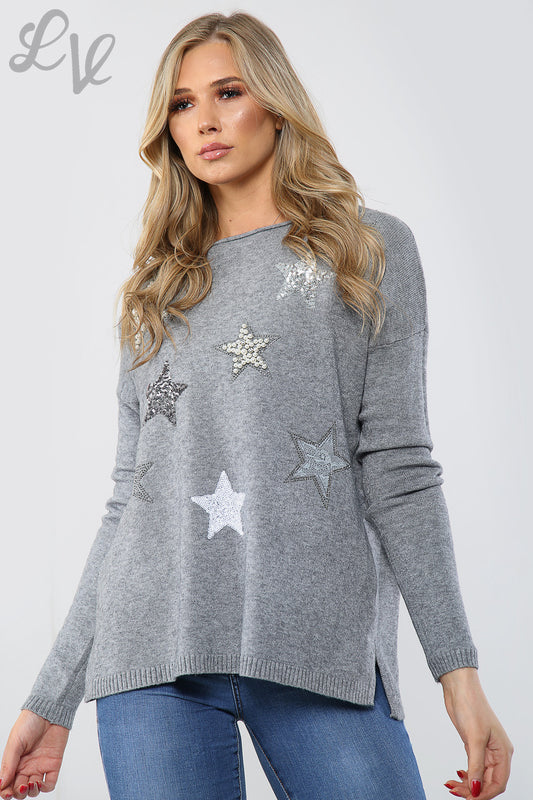 Ladies Sequin Star Detail Jumper Sweatshirt Grey Unit Price WAS £16.99 NOW £14.99