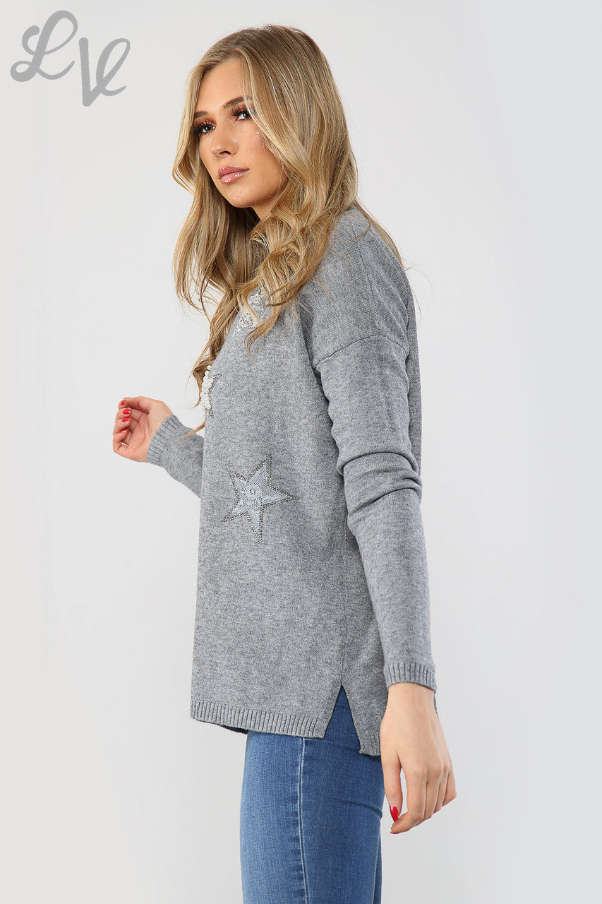 Ladies Sequin Star Detail Jumper Sweatshirt Grey Unit Price WAS £16.99 NOW £14.99