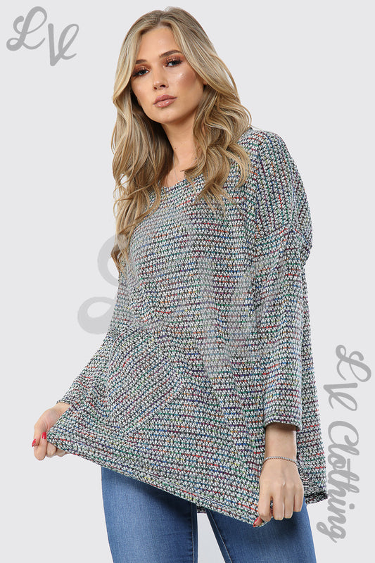 Multicoloured knitted jumper with front pockets, grey and rainbow fleck, long sleeves