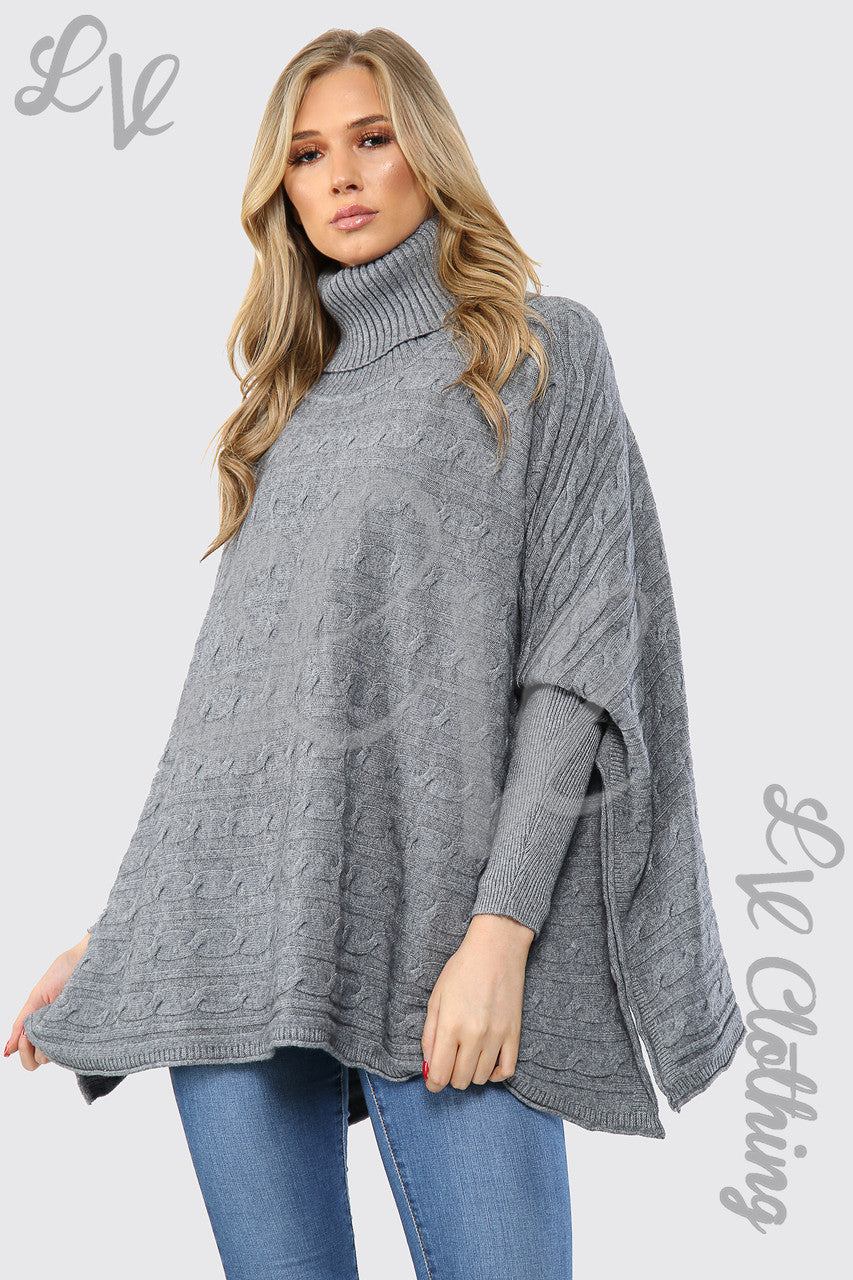 Ladies Cowl Neck Cable Knitted Batwing Jumper Grey - Unit Price £20.99